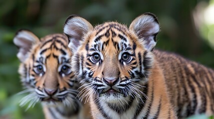 Obraz premium Two tiger cubs in a forest. Close-up view. Wildlife. Nature. Possible use Nature, conservation, wildlife