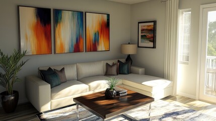 Trendy living room design with a sectional couch, sleek console table, and modern art pieces on the walls
