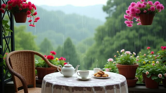 Romantic Balcony Tea Time. Seamless Looping 4K Video Animation Background. Serene Nature View with Green Mountains. Cozy Outdoor Caf&eacute; with Flowers and Teapot. Relaxing Garden Ambience for Meditation. 