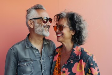 Obraz premium Portrait of a grinning mixed race couple in their 70s wearing a trendy sunglasses in solid pastel color wall