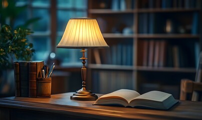 Obraz premium An antique lamp illuminates a desk with books and a opened book, creating a warm ambiance