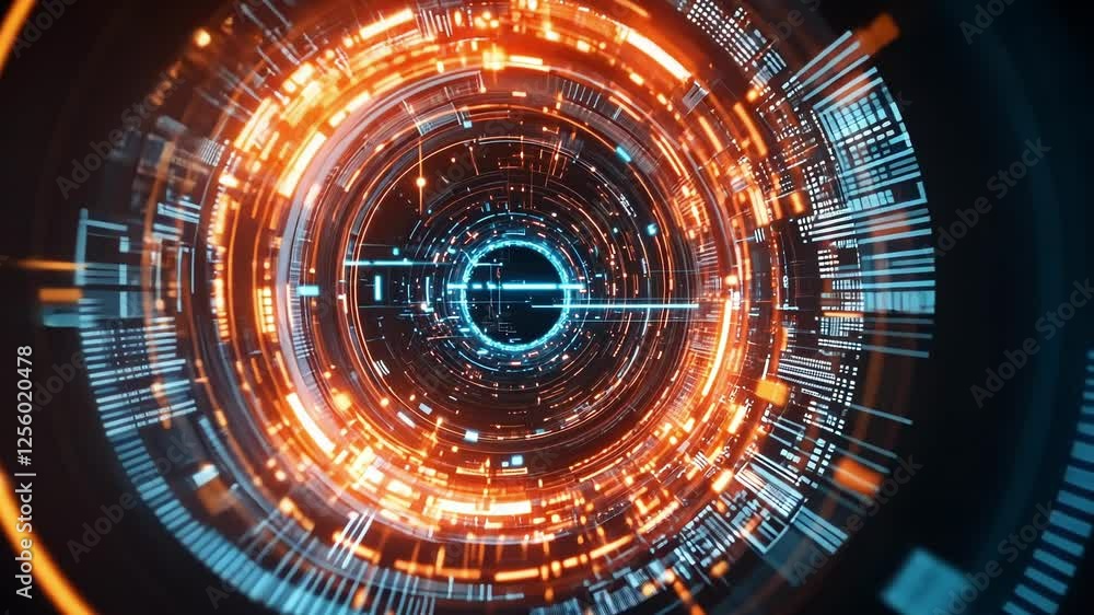 Poster rotating orange and blue digital tunnel with flowing data creates a futuristic technology background