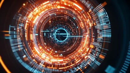 Rotating orange and blue digital tunnel with flowing data creates a futuristic technology background featuring light trails and code, ideal for big data and cyberspace projects