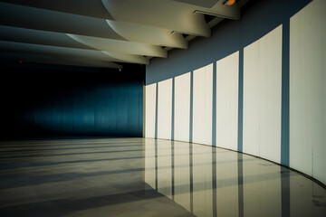 Obraz premium Modern space with vertical white stripes, glossy floor, undulating ceiling, dark wall