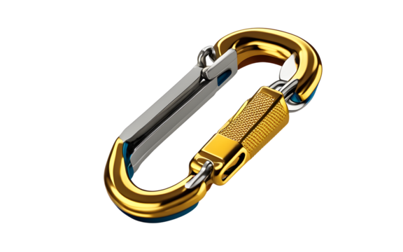 A durable rock climbing carabiner with a secure lock, isolated on a empty plain background
