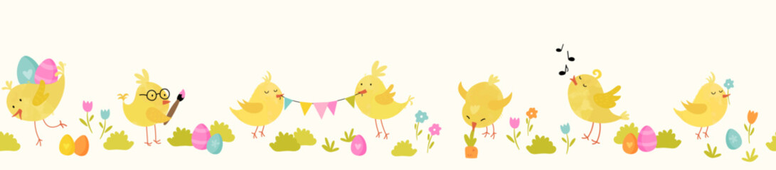Lovely yellow chicks with cute decoration, hand drawn easter pattern, great for textiles, banners, wallpapers, decorations - vector