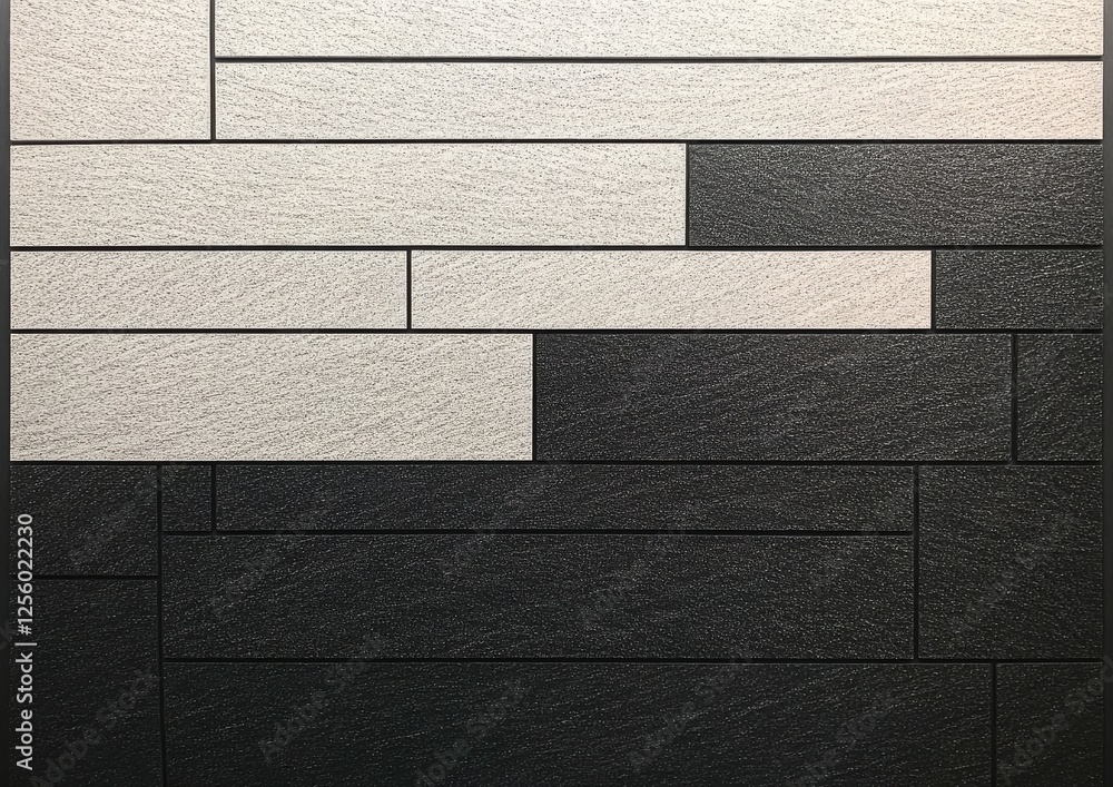 Poster a textured wall featuring alternating black and white rectangular panels arranged in a modern, geome