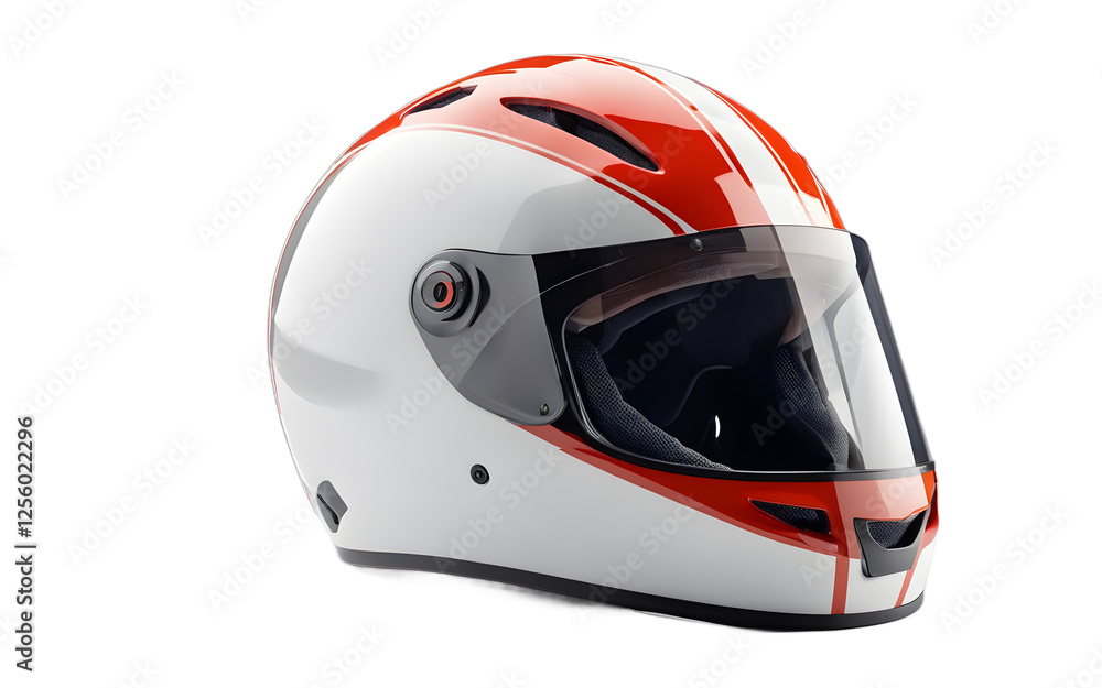Poster a high-performance track motorbike helmet with a visor, isolated on a empty plain background