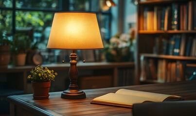 Obraz premium A Cozy Study Nook with a Warm Glowing Lamp, Open Book and Plants on Wooden Table