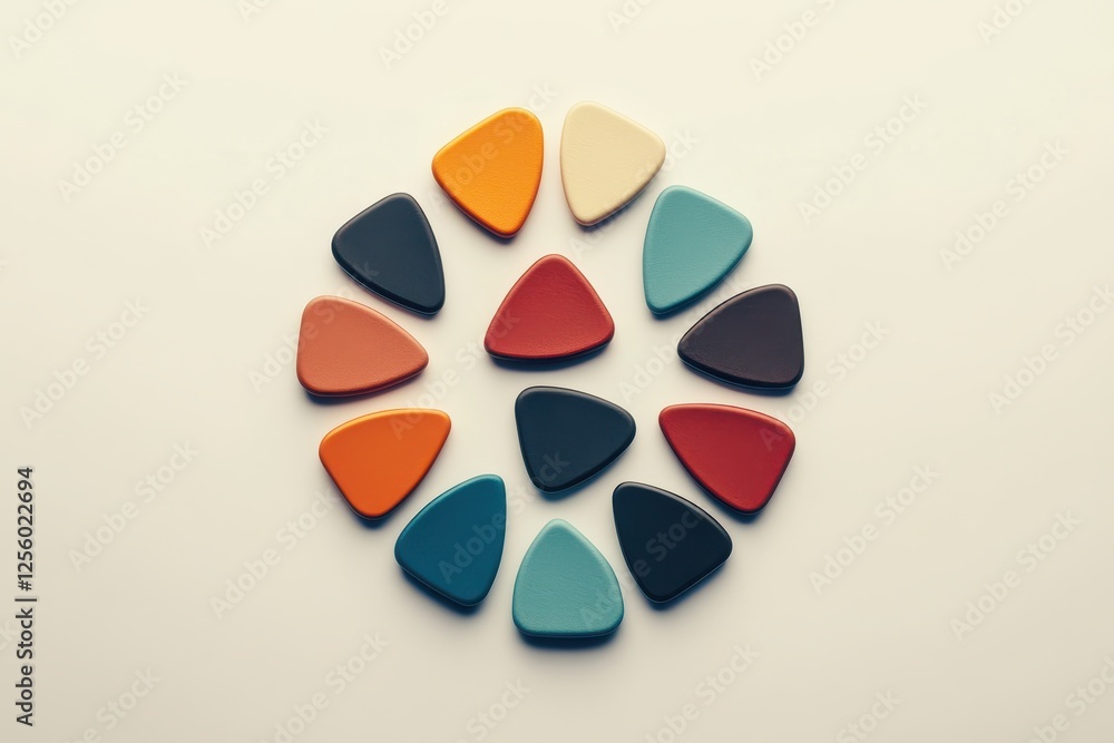 Poster colorful geometric shapes arranged in a circular pattern on a light background showcasing artistic d