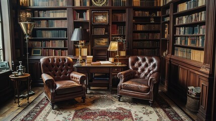Vintage-inspired library with leather-bound books, antique armchairs, and a wooden writing desk to create a classic, nostalgic reading space