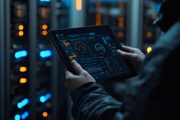 Professional it specialist monitors systems with tablet displaying futuristic data interface