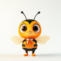 Obraz premium Cartoon bee holding honey jar against white background. Possible use Children's book illustration