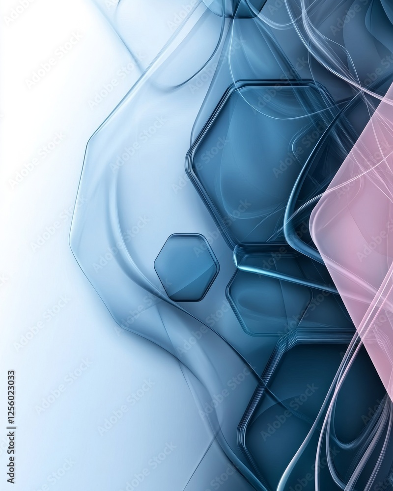 Poster a fluid abstract design featuring overlapping translucent shapes in shades of blue and pink, creatin