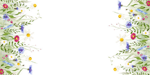 Watercolor floral folk horizontal seamless border. Meadow red daisy, blue forget-me-not, chamomiles wild flowers, green branches, leaves. Hand drawn style illustration. Artistic template design.