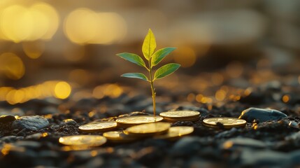 Green Plant Growing from Gold Coins on a Natural Background