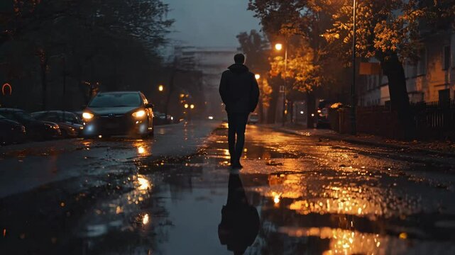 A solitary man walks down a dimly lit city street after rainfall, his reflection visible in a puddle. The warm glow of streetlights contrasts with the cool, moody atmosphere