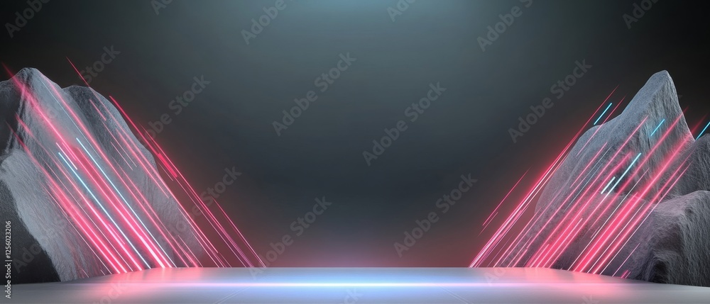 Poster a futuristic scene with dynamic light effects and abstract shapes creating a vibrant, high-tech atmo