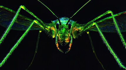 Glowing insect macro shot, dark background, science
