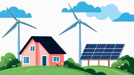 Obraz premium Eco-Friendly Home with Wind Turbines and Solar Panels in Nature