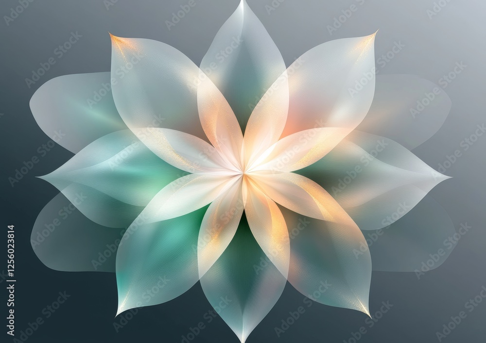 Poster a delicate, colorful flower design featuring translucent petals, creating a serene and harmonious vi