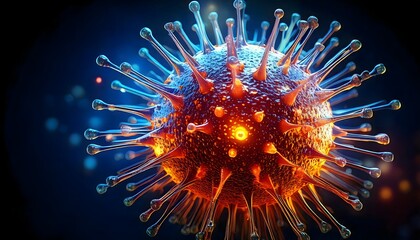 Futuristic medical visualization of a viral microorganism under a microscope