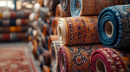 Rolled carpets stacked in a store, colorful patterns, interior design supplies
