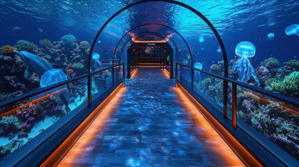 Obraz premium Underwater tunnel in aquarium with jellyfish and coral