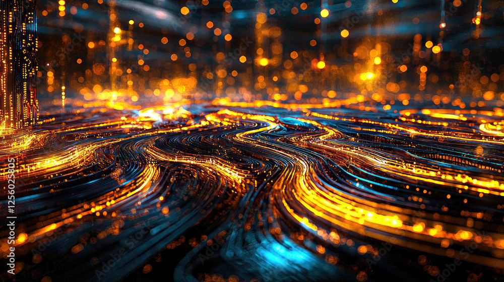 Poster abstract digital landscape with flowing lines of light and vibrant colors in a futuristic setting