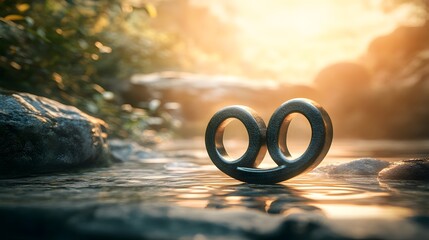 Metal infinity symbol rests in shallow water at sunset