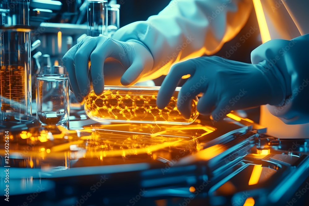 Poster hands in laboratory experiment with glowing chemical reaction