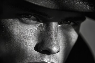 Naklejka premium Close-up portrait of a striking male model with dramatic lighting and shadows highlighting facial features and texture