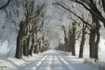 Obraz premium Snow covered pathway flanked by frost laden trees under soft sunlight