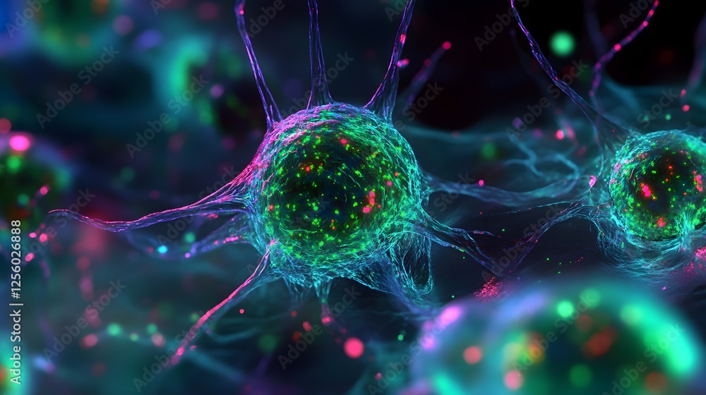 Poster colorful neon cells under microscope with abstract background
