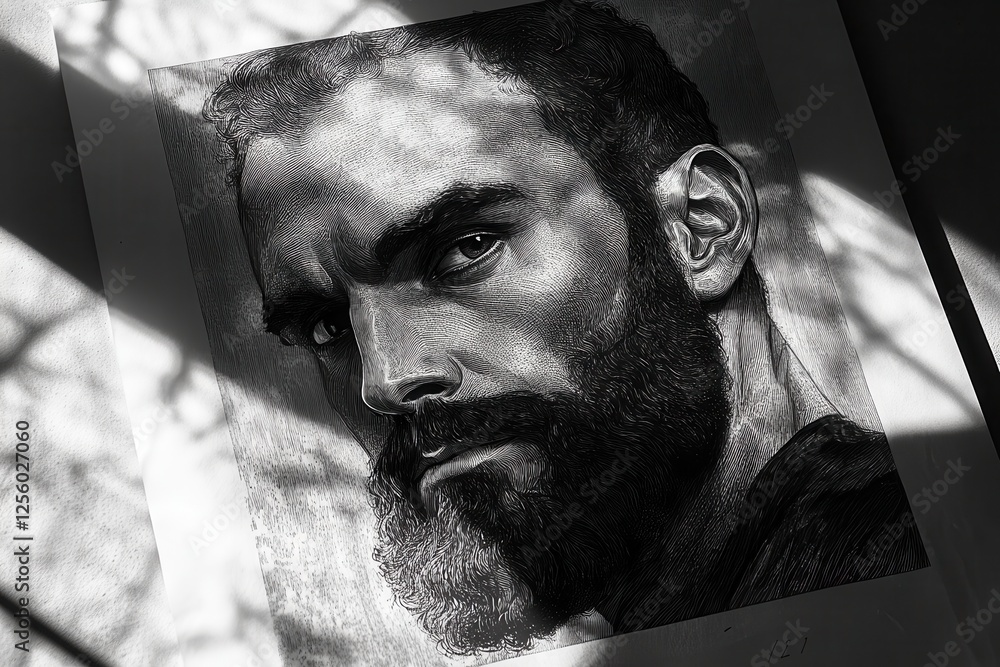 Poster black and white portrait of man with beard and intense gaze in artistic style with shadows and light