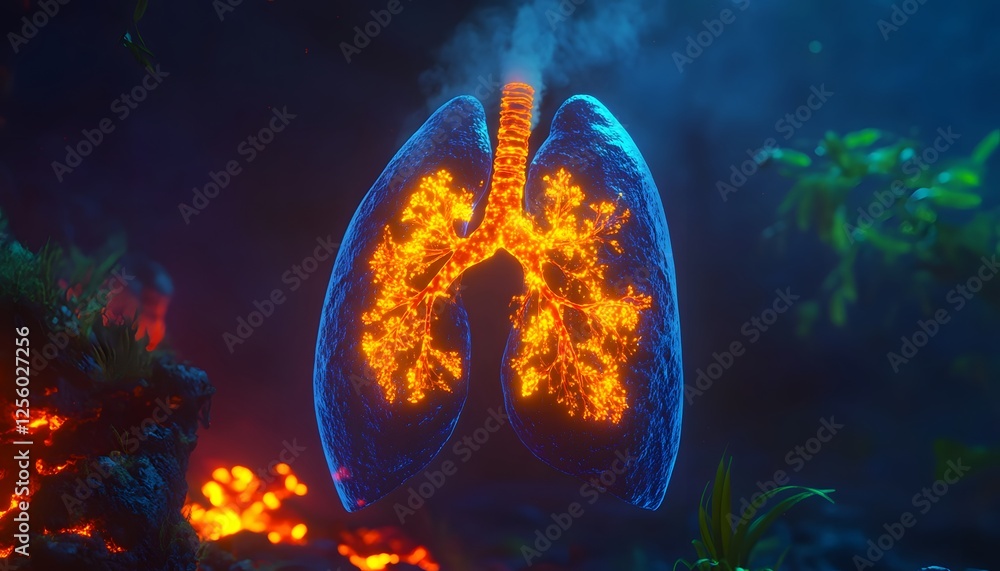 Poster lungs with glowing lava inside in dark surreal environment
