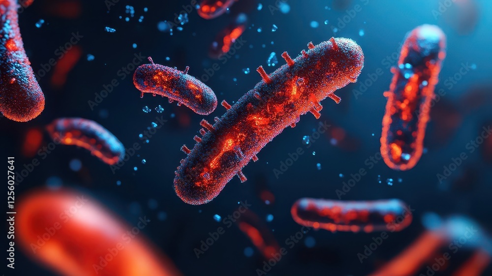 Aufkleber microscopic close-up of red and blue microbes with virus-like structures in dark background for medi