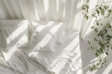 Minimalist Bedroom Scene with Crumpled White Bedding and Soft Morning Light, 3D Render for Home Decor Campaigns