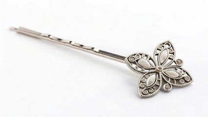 Silver Butterfly Hair Pin on White Background