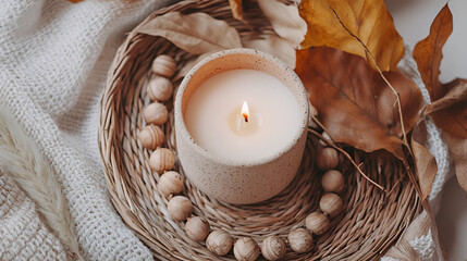 Cozy Still Life: Lit candle on a wicker tray with wooden beads and autumn leaves on a soft blanket.