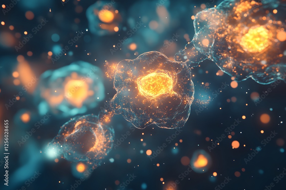Poster colorful abstract illustration of glowing cells in a biological setting