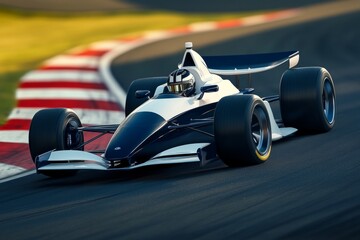 High performance formula racing car navigating a turn on a track with dynamic speed and motion