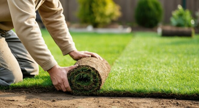 Person laying down roll of sod on soil