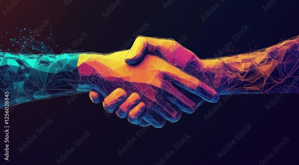 Poster digital - styled handshake with colorful polygonal and network lines, symbolizing business partnersh