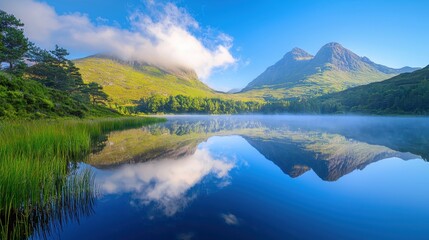 Majestic reflections of mountains and clouds over a tranquil lake at dawn, showcasing the beauty of nature in a peaceful landscape