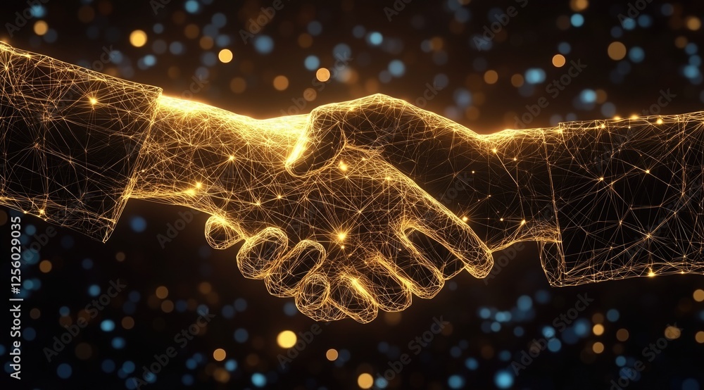 Poster golden - hued digital handshake with network lines and sparkling effects, representing business part