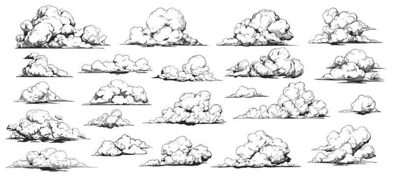 Clouds sketch. Hand drawn fluffy sky weather elements, engraving cloudscape, atmosphere meteorology forecast storm set vector illustration