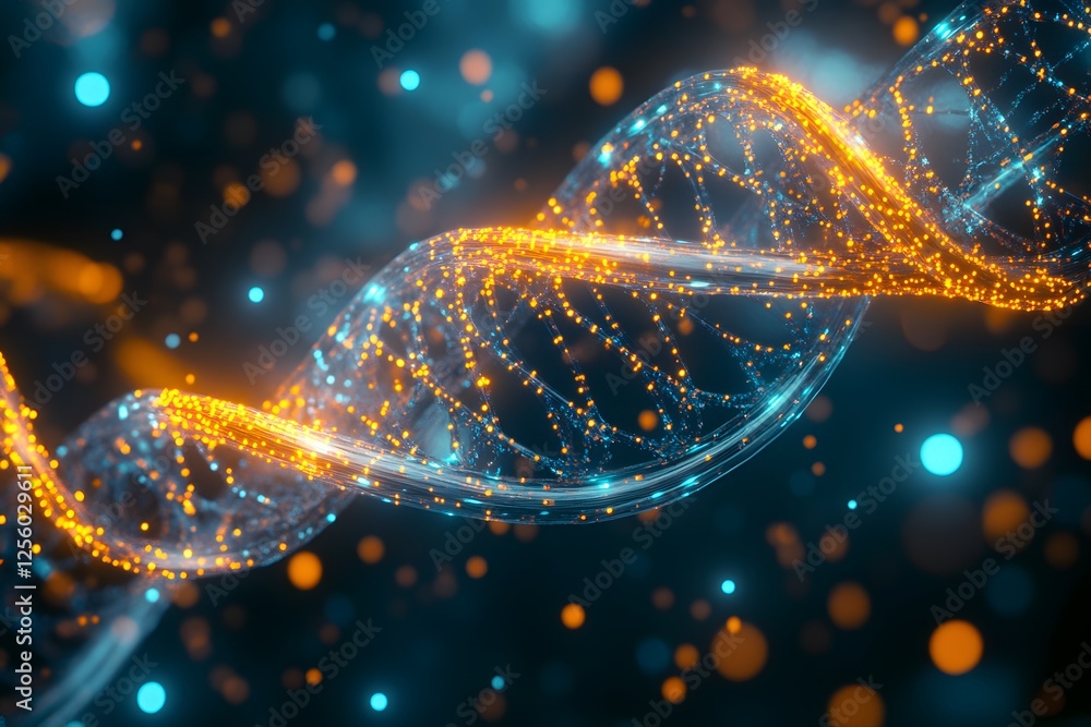 Poster Glowing DNA Helix in Abstract Colorful Background with Bright Lights