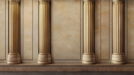 Golden Columns on Beige Stone Wall - Classic Architecture Design