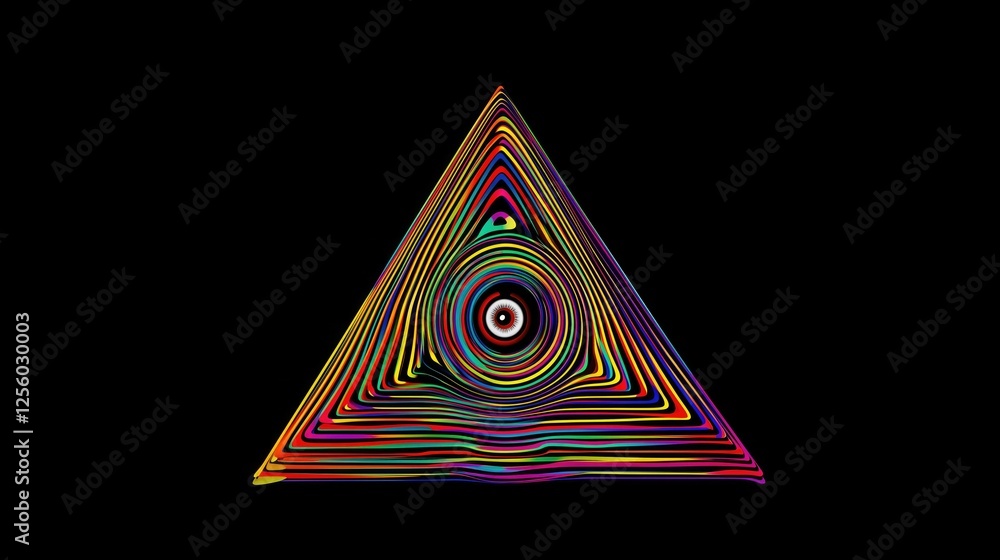 Aufkleber colorful, swirling lines forming a triangular shape with an eye - like center on a black background,